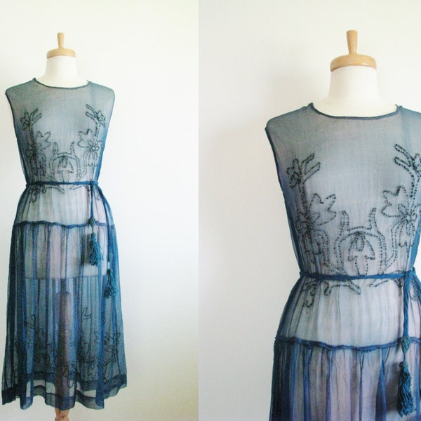 1920s Beaded Dress / 20s Silk Chiffon Navy Blue Beaded Dress