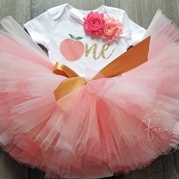 FIRST BIRTHDAY! Sweet Peach First Birthday Outfit | Light Pink, Coral & Peach Tutu | Peach ONE Baby Bodysuit and Headband