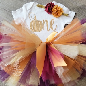 PUMPKIN FALL Birthday! Fall,Pumpkin Inspired Plum, Wine, Cream, Copper & Gold Tutu, ONE Baby Bodysuit and Headband