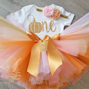PUMPKIN Birthday! Fall, Pumpkin Inspired Coral, Light Pink, Cream, Orange, Copper & Gold Tutu, Pumpkin Baby Bodysuit and Headband