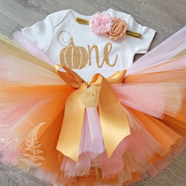 PUMPKIN Birthday! Fall, Pumpkin Inspired Coral, Light Pink, Cream, Orange, Copper & Gold Tutu, Pumpkin Baby Bodysuit and Headband