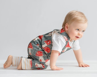 Mushroom Print Gender Neutral Romper, Organic Cotton, Long Legs Baby Romper, Newborn Romper, Mushroom Print Romper, Baby Shower Gift.