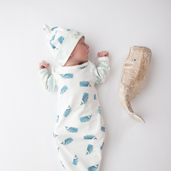 Baby Boy Organic Cotton Knotted Gown and Knotted Hat. Baby shower gift set, Comming home from hospital, Newborn Baby Gown.