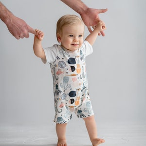 Baby Boy Romper, Short sleeves Romper, Under the Sea Creatures and Stripes Print,Organic Cotton,Newborn Romper,Coming home Romper