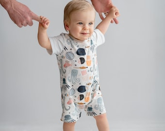 Baby Boy Romper, Short sleeves Romper, Under the Sea Creatures and Stripes Print,Organic Cotton,Newborn Romper,Coming home Romper