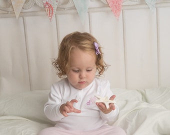 Pima cotton baby girl outfit, white long-sleeved shirt with embroidered flower and pink pants, Baby shower gift set.