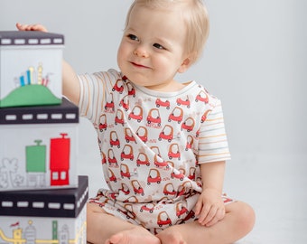 Baby Boy Romper, Classic Red Car and Stripes Print, Organic Cotton, Summer Romper, Little Tikes Coupe Red Car Print, Short-Sleeved Romper.