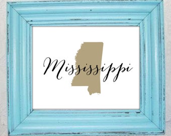 Instant Download Mississippi Typography Printable You Print You Frame Frame Your State Pride Mississippi with Bombshell Font Gold and Black