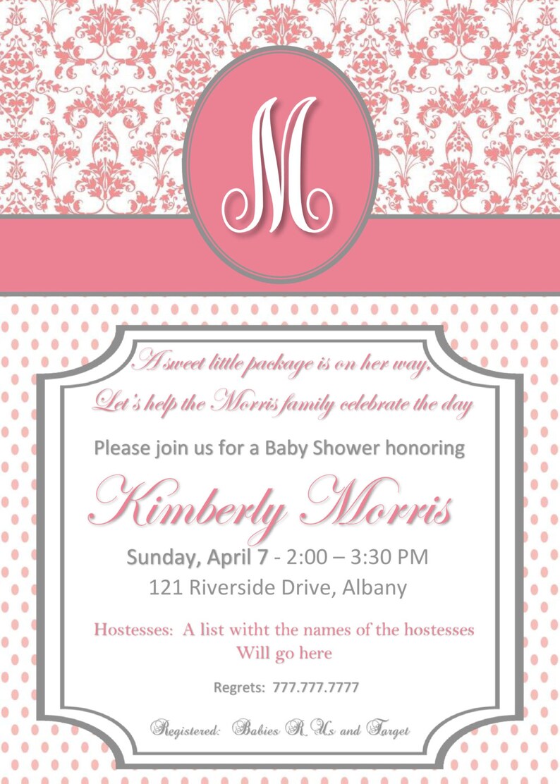 Classy Baby Girl Shower Invitation with Pink Damask and Polka | Etsy