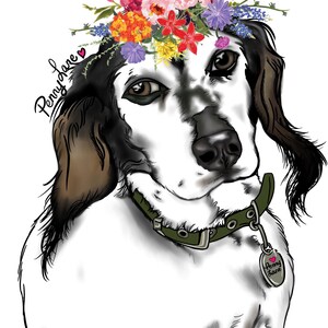 May include: A white and black dog wearing a floral crown and a green collar with a tag that reads "Penny Jane".