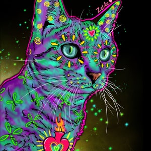 May include: A digital illustration of a cat with a Day of the Dead theme. The cat is green, purple, and pink with a heart on its chest and the word "Zelda" above it.