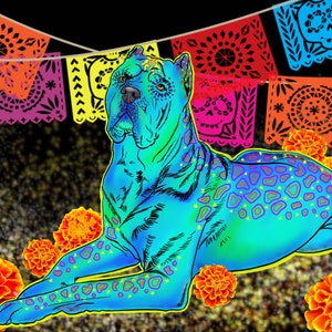 May include: A blue and green dog with a colourful pattern, lying down on a dark background with orange flowers. The dog is surrounded by colourful paper decorations.
