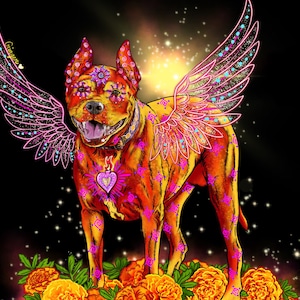 May include: A digital illustration of a brown and orange pit bull dog with pink and blue wings. The dog is standing on a bed of orange marigold flowers. The text "Ginger" is written in pink at the top of the image.
