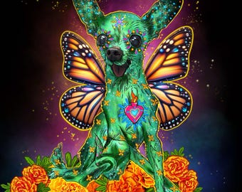 Custom Alebrije Digital Pet Portrait with Monarch Butterfly wings! Dia De Los Muertos!