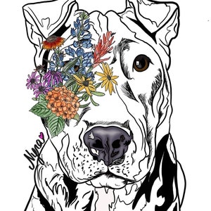 May include: A black and white line drawing of a dog's head with flowers covering one eye. The dog's name, "Nyra", is written in pink cursive on the left side of the image.