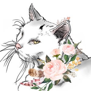 May include: A black and white line drawing of a white cat with pink nose and yellow eyes. The cat is wearing a floral crown with pink roses and green leaves. The text "lucy" is written in pink on the cat's ear.