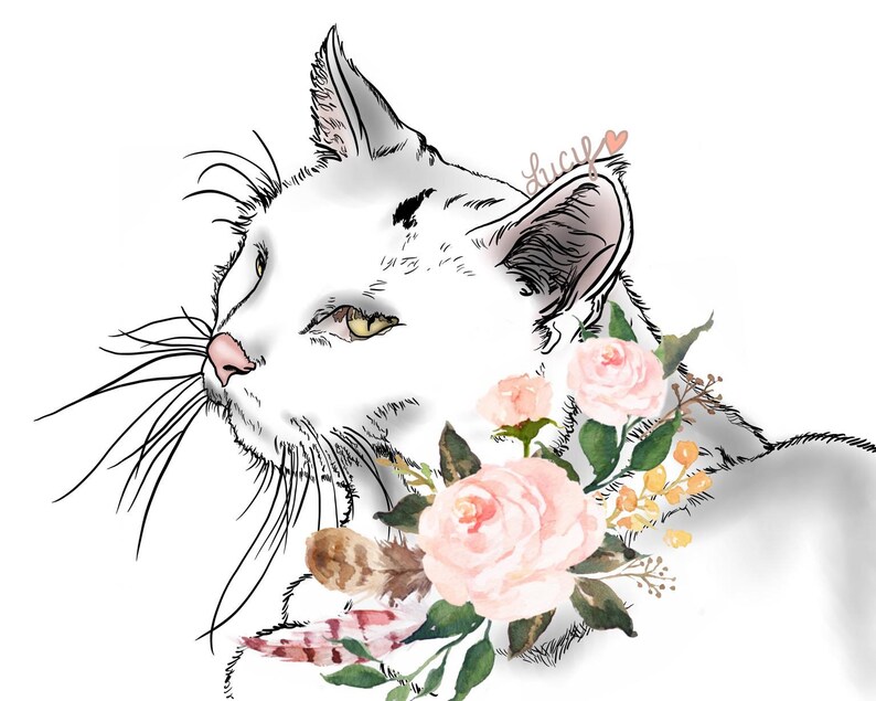 May include: A black and white line drawing of a white cat with pink nose and yellow eyes. The cat is wearing a floral crown with pink roses and green leaves. The text "lucy" is written in pink on the cat's ear.