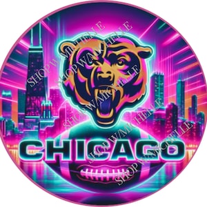 May include: A neon pink, blue, and purple graphic design of a football with the word "CHICAGO" in a neon font. A bear head with a blue and gold color scheme is in the background. The design is set against a cityscape.