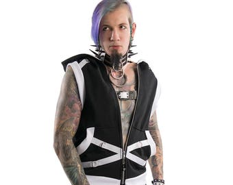 Industrial DSF DSFusion Transfigurator Shrug Gothic Futurewear Cyberpunk Crop Hoodie Bonrage Straps Removable Detach Sleeve D-ring