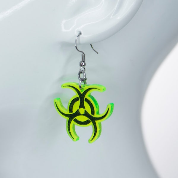 Boucles d'oreilles breloque acrylique DSF Biohazard - Industriel EBM Cyber Goth apocolypse bio néon vert bleu orange rose 15490