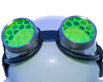 DSF UV Etched Goggles - Black light reactive cyber rave lenses - Lenses only or full goggle - Lime Green Honeycomb 15417