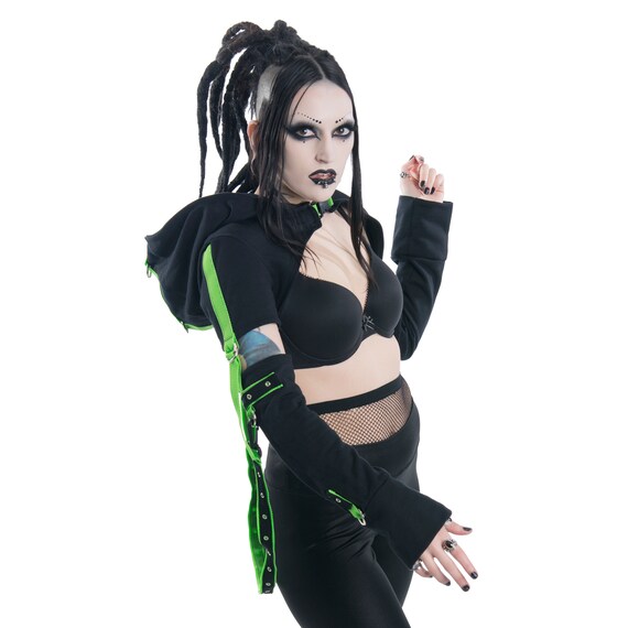 Industrial DSF DSFusion Transfigurator Shrug Gothic Futurewear Cyberpunk Crop Hoodie Bonrage Straps Removable Detach Sleeve D-ring