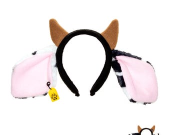 Pawstar Moo Cow Ear Headband - faux fur partial fursuit costume ears - unisex one size fits most