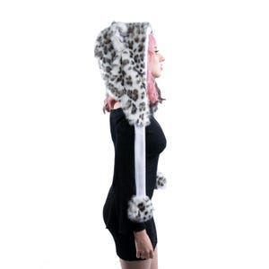 Pawstar Snow Leopard Fluffig Mew Puffet Hood - fuskpäls katt katt kattunge mössa med pipljud