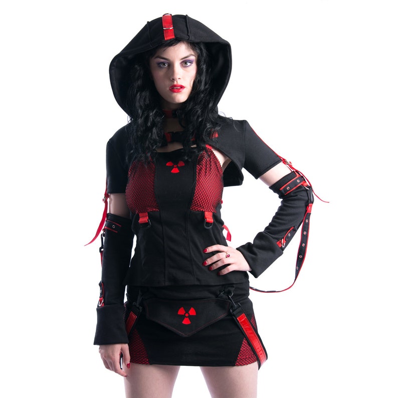 Industrial DSF DSFusion Transfigurator Shrug Gothic Futurewear Cyberpunk Crop Hoodie Bonrage Straps Removable Detach Sleeve D-ring