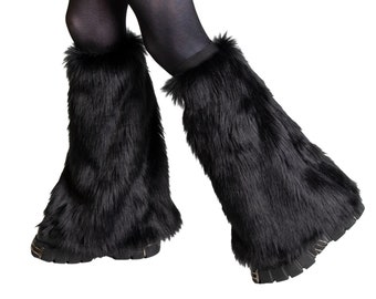 DSF Solid Furry Leg Warmers - Cyber Fluffies Cybergoth Industrial Futurewear Faux Fur Covers ( Options Available ) Neon Black pink - 11551