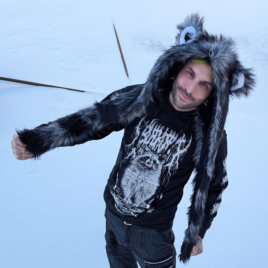 Rowdy Racoons Pawstar Rowdy Raccoon Hood - Faux Fur Tanuki Trash Panda Hat With ...