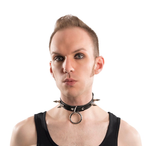 BDSM leather spiked collar and leash for men - choker o ring and removable  chain
