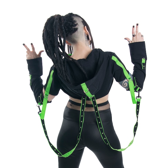Industrial DSF DSFusion Transfigurator Shrug Gothic Futurewear Cyberpunk Crop Hoodie Bonrage Straps Removable Detach Sleeve D-ring