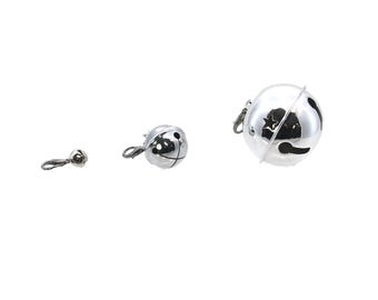 May include: Three shiny silver bells of varying sizes are arranged on a white background. The bells have a reflective surface and small holes. The largest bell has a diameter of approximately 2 inches. The smallest bell is about 0.5 inches in diameter.