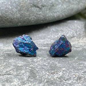 Raw Iridescent Rainbow Peacock Ore Stud Earrings / Peacock Ore Studs / Bornite Gemstone Jewelry / Crystal Healing / Bohemian Stud Earrings