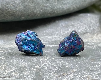 Raw Iridescent Rainbow Peacock Ore Stud Earrings / Peacock Ore Studs / Bornite Gemstone Jewelry / Crystal Healing / Bohemian Stud Earrings