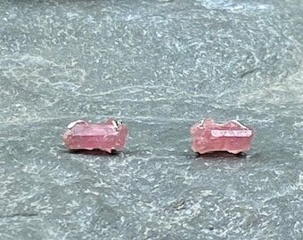 Pink Tourmaline Quartz Gemstone Sterling Silver Stud Earrings / Raw Pink Tourmaline Stone Jewelry / Gemstone Studs / Pink Gemstone Studs