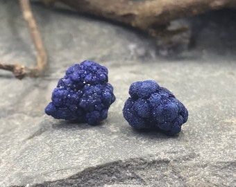 Raw Azurite Blueberry Stud Earrings / Blueberry Azurite Earrings / Blue Gemstone Jewelry / Blue Stone Earrings / Blue Druzy Jewelry