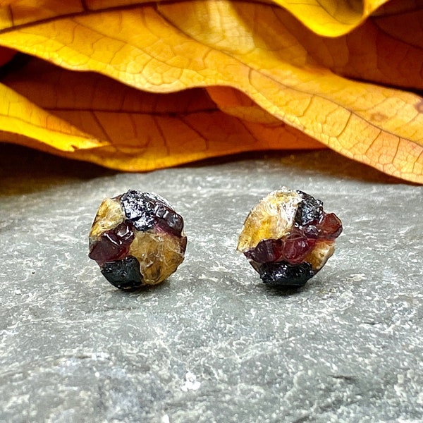 Philippine Naked-Back Fruit Bat Animal Conservation Gemstone Cluster Studs / Mixed Gemstones / Black Tourmaline Garnet Amber
