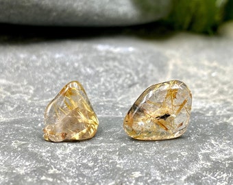 Rutilated Quartz Gemstone Stud Earrings / Golden Crystal Quartz / Gemstone Jewelry / Gemstone Studs / Healing Jewelry / Donates to animals