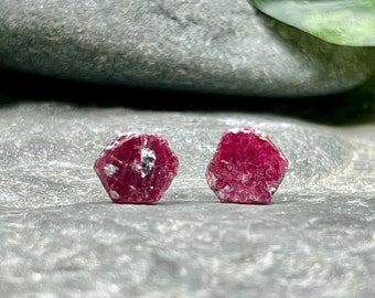 Raw Sliced Ruby Stud Earrings / Pink Gemstones / July Birthstone / Pink Ruby Gemstone Earrings / Healing Gemstone Earrings