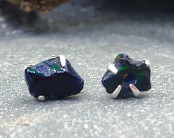 Real Opal / Black Rainbow Opal Earrings / Polished Opal Studs /  Iridescent Opal / October Birthstone / Small Opal Earrings / Sterling Silv