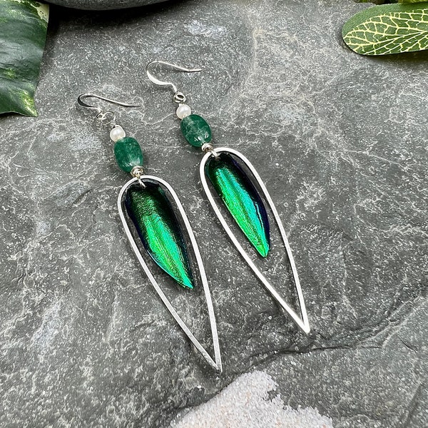 Emerald and Scarab Beetle Statement Earring Dagger Dangles / Beetle Wing Earrings / Bohemian Dangle Earrings / Animal Conservation Jewelry