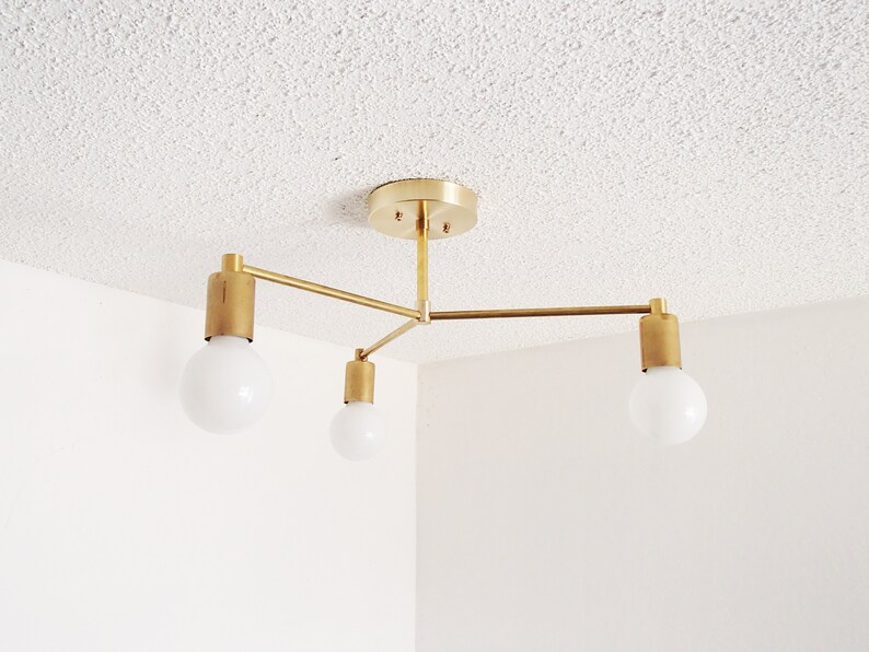 Minimalist Brass Pendant Ceiling Light Triple Arm Semi Flush Compact Ul Listed