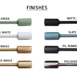 May include: A visual guide to different finishes for curtain rods, including mint green, gloss white, raw brass, brushed brass, matte black, slate blue, oil rubbed bronze, and polished nickel.