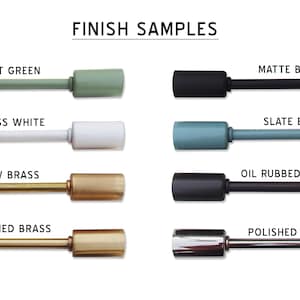 May include: A chart showing different finish samples for a product. The finishes include mint green, gloss white, raw brass, brushed brass, matte black, slate blue, oil rubbed bronze, and polished nickel.