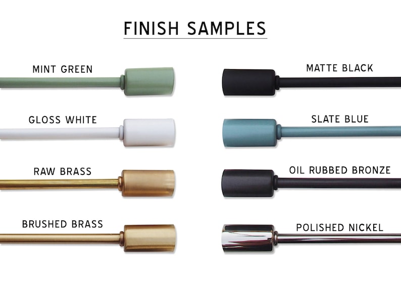 May include: A chart showing different finish samples for a product. The finishes include mint green, gloss white, raw brass, brushed brass, matte black, slate blue, oil rubbed bronze, and polished nickel.