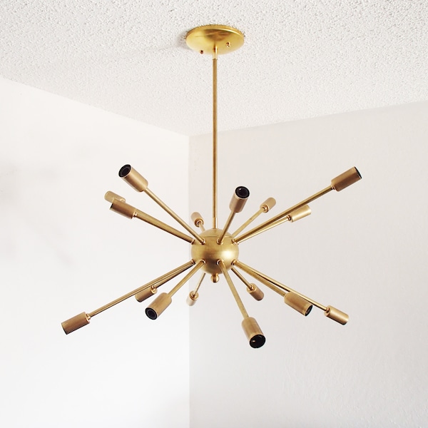 Halverwege de eeuw Spoetnik-hanger - Atomic - Starburst-kroonluchter - Mid Mod - 16-armige messing