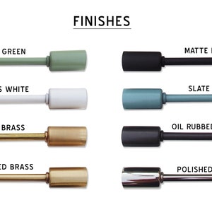 May include: A visual guide to different finishes for curtain rods, including mint green, gloss white, raw brass, brushed brass, matte black, slate blue, oil rubbed bronze, and polished nickel.