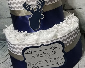 3 Tier Diaper Cake - Oh Deer Burlap Brown Red and Navy Blue Silver Diaper Cake for Baby Shower Centerpiece / Woodland Diaper Cake